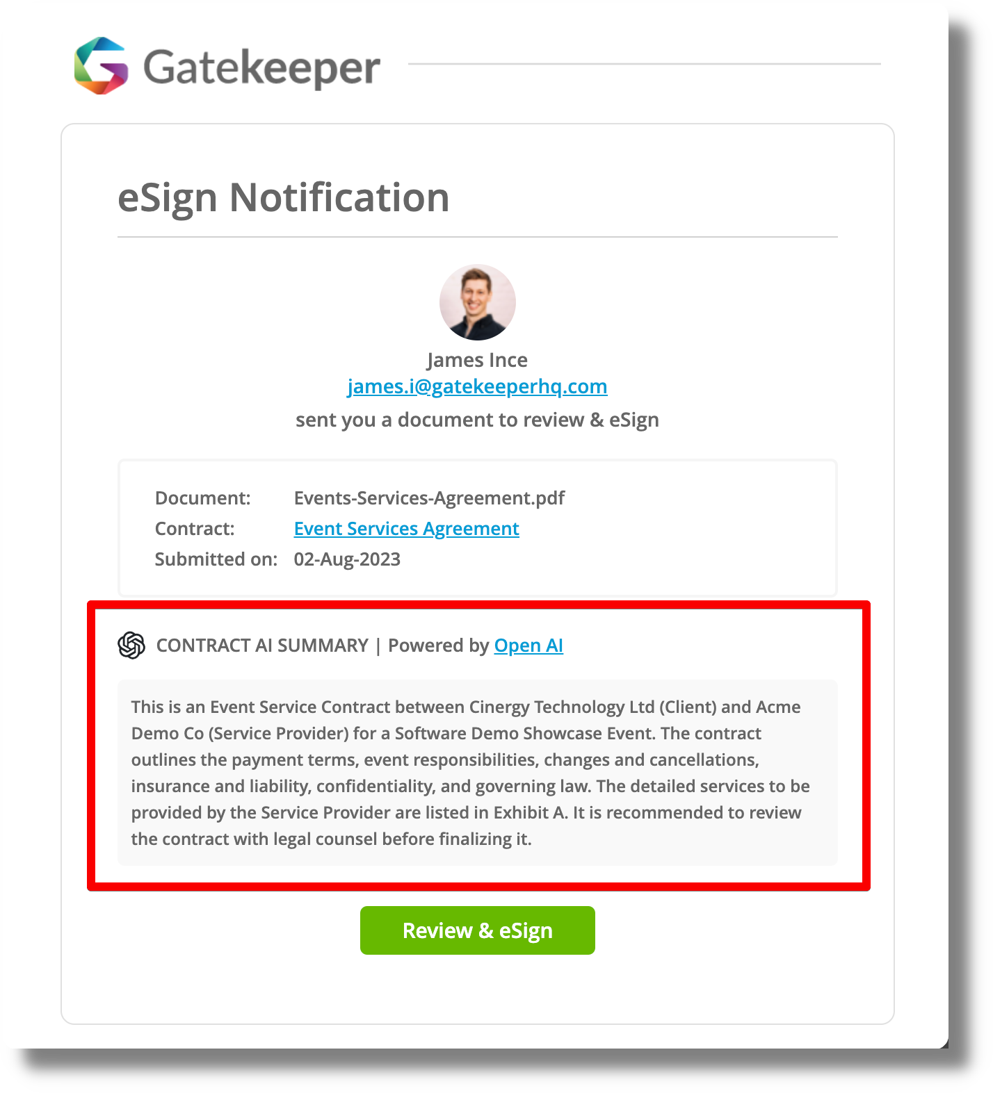 A product screenshot of Gatekeeper showing an OpenAI Contract Summary  for an agreement